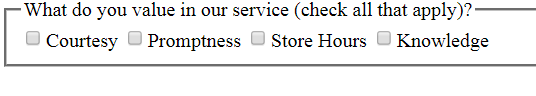 What do you value in our service? (Check all that apply) Courtesy, Promptness, Store Hours, Knowledge